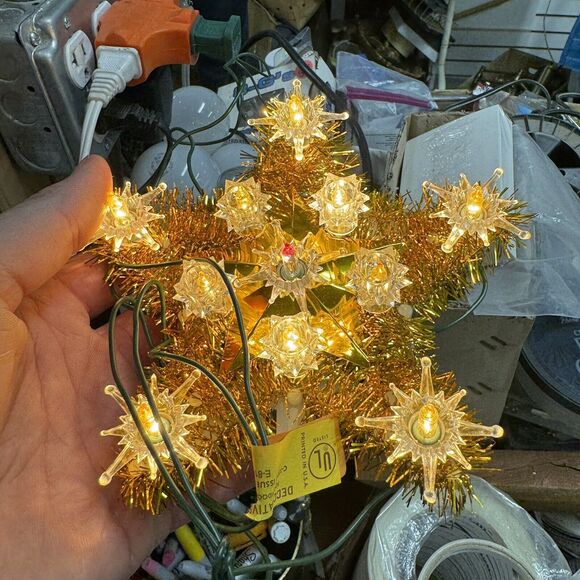 Vintage Christmas Trim Mini 11 Light Star Tree Topper Gold Tinsel With Box HLBN - Picture 5 of 5